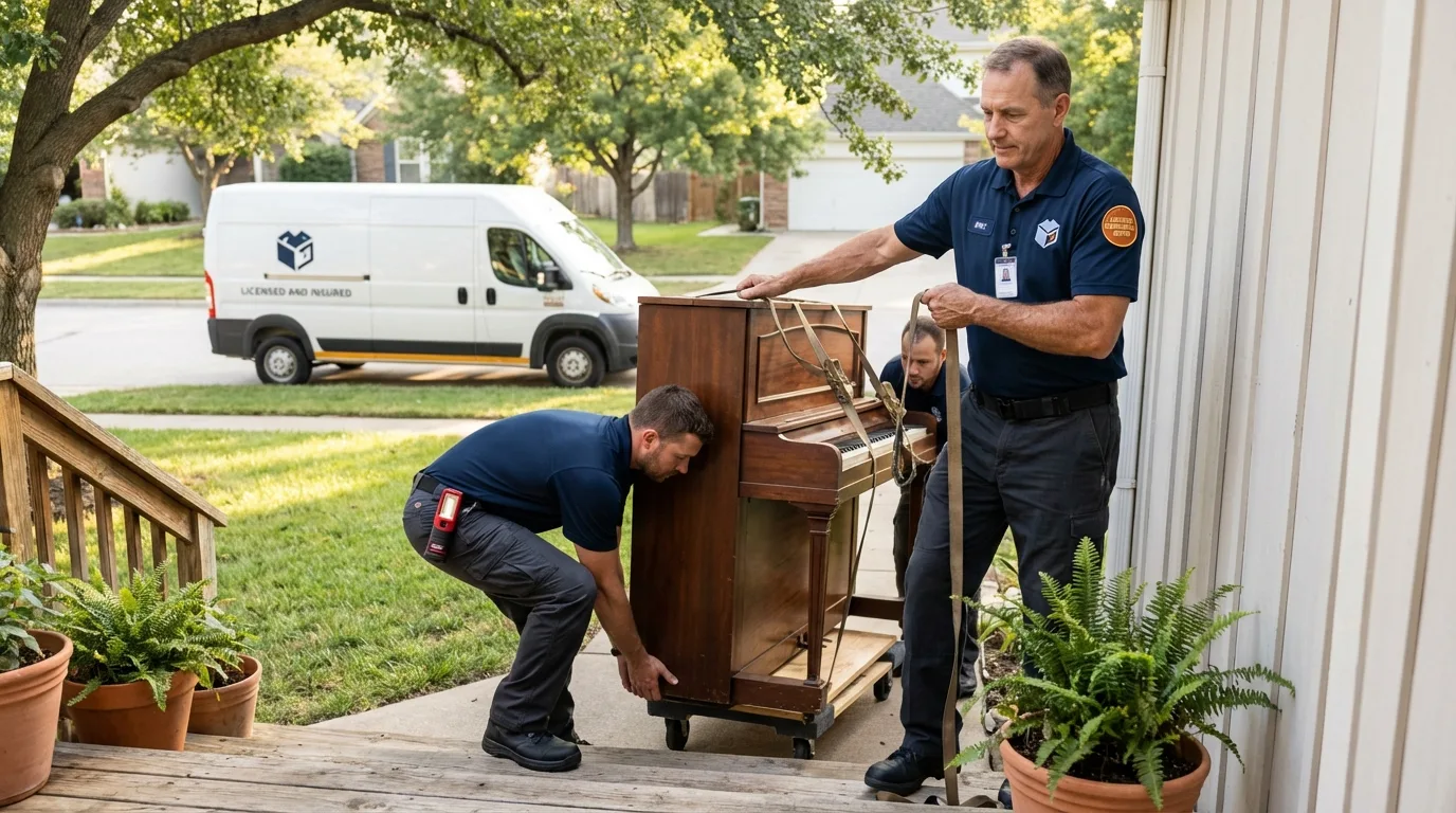 Licensed piano movers securing grand piano in Riddle, OR