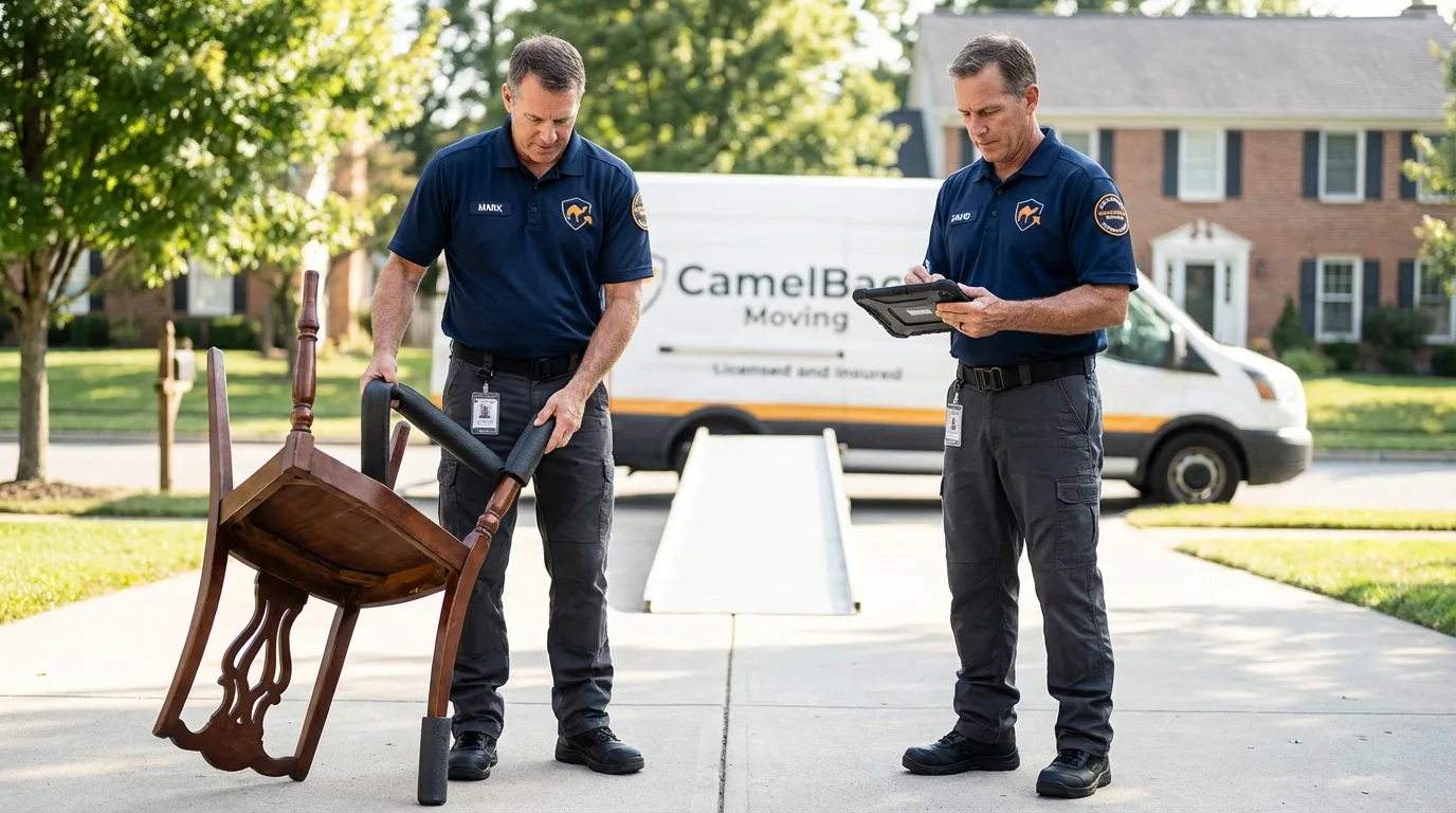 Movers inspecting furniture for damage prevention before loading in Riddle, OR